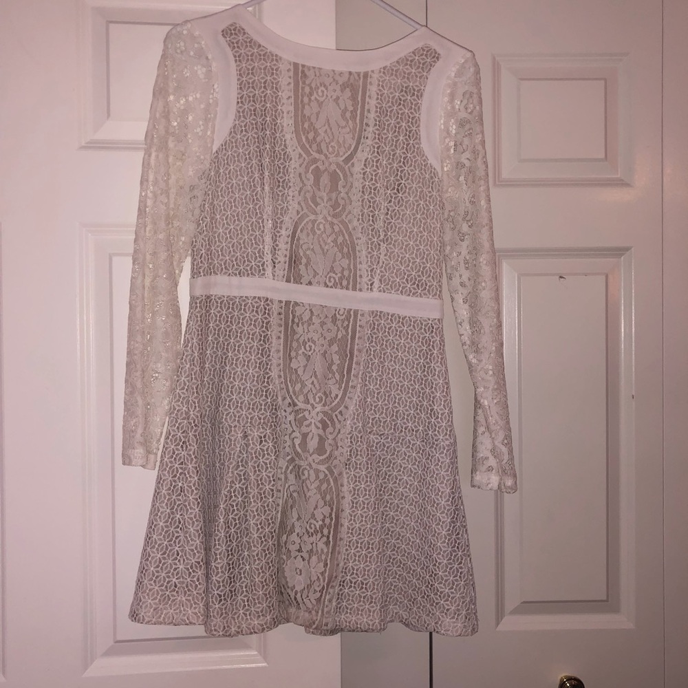Lace cream and tan dress